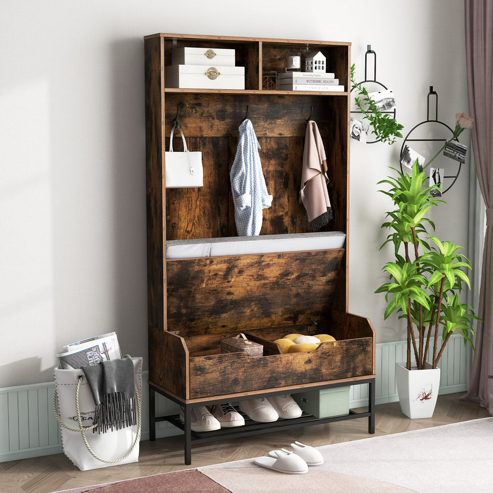 69 Inches Tall Hall Tree 4-in-1 Coat Rack with Seat Cushion and Shoe Storage-Rustic Brown - Gallery View 1 of 10