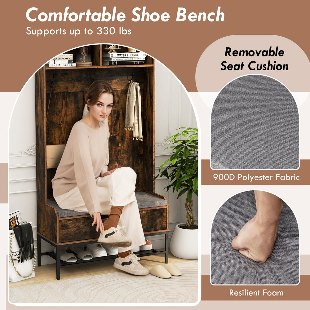 Comfortable shoe bench with removable seat cushion, rustic brown finish, supports up to 330 lbs for entryway storage.