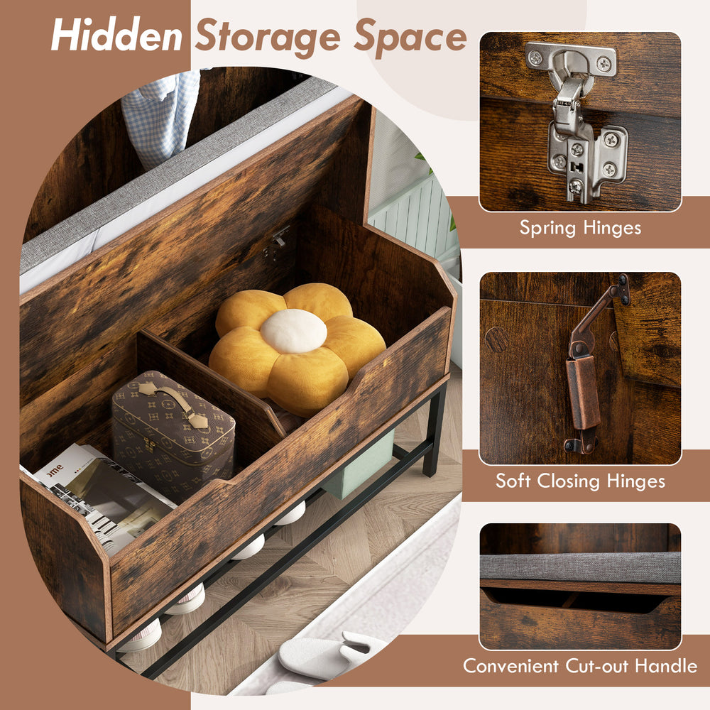 Rustic brown hall tree with hidden storage, soft closing hinges, and cut-out handle for easy access in entryway.