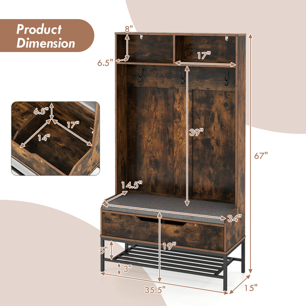 Rustic brown 69-inch tall hall tree with shoe storage, seat cushion, and hooks for entryway organization.