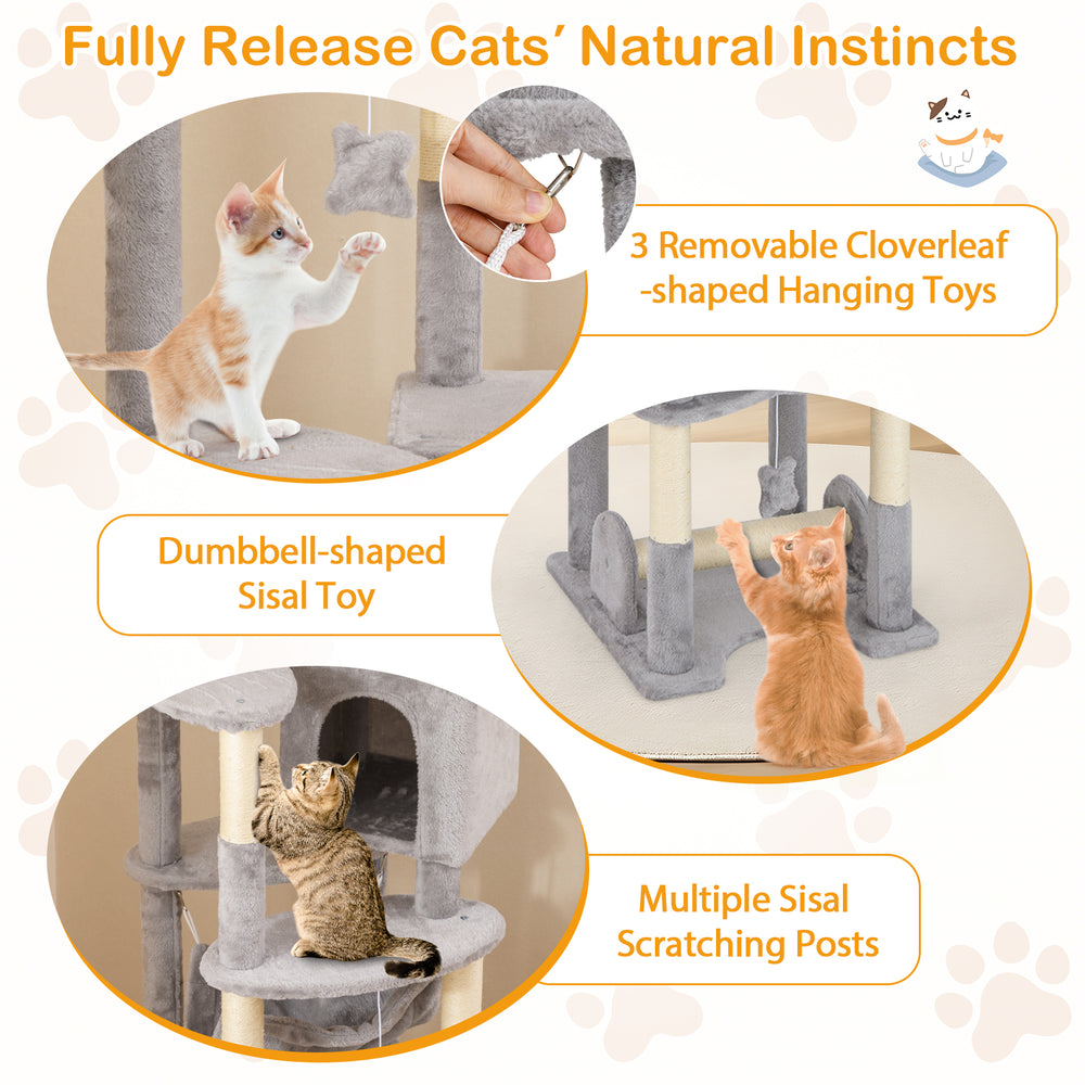 Multi-level cat tree with top perch, cozy condo, and removable toys for climbing and scratching, promoting healthy play.