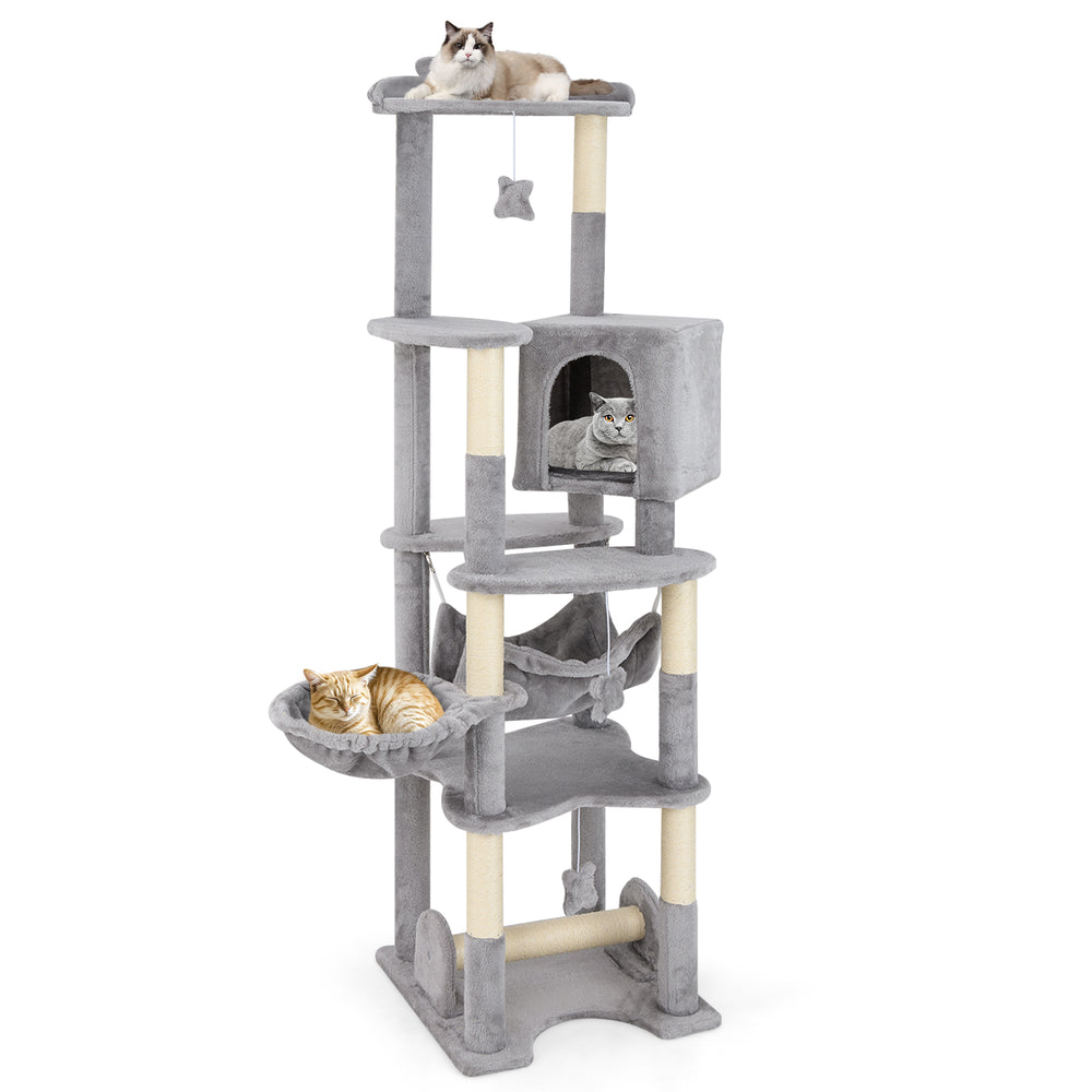Multi-level 69-inch cat tree with top perch, cozy condo, and removable hammock for playful and restful feline fun.