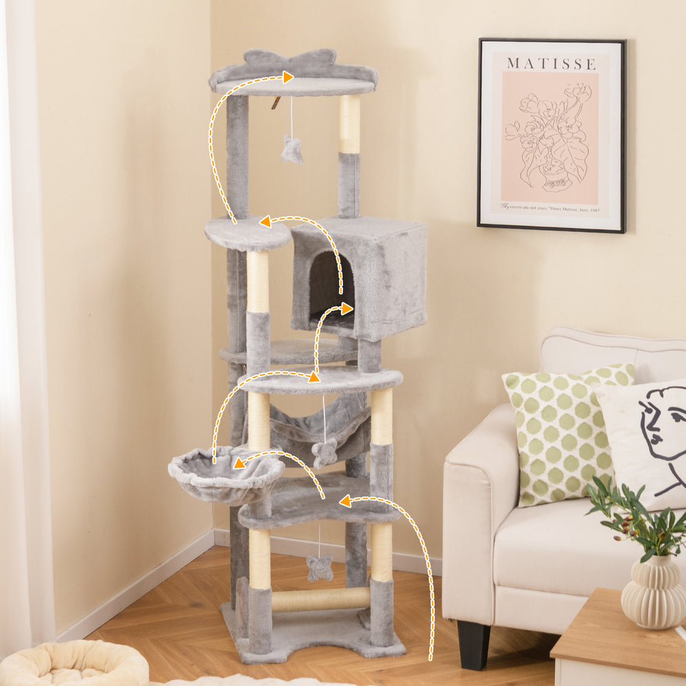 Multi-level 69-inch cat tree in gray with top perch, cozy condo, and removable toys for playful feline fun.