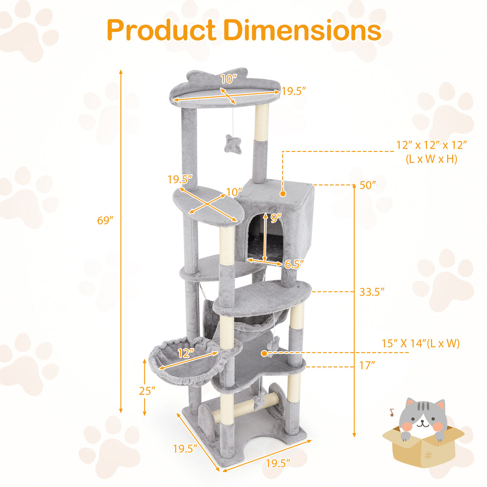 Multi-level 69-inch cat tree with top perch, cozy condo, and removable toys for climbing and scratching.