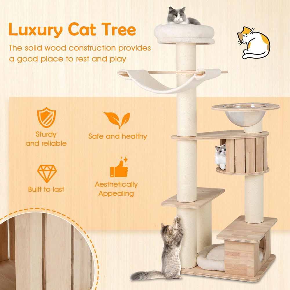 69-inch tall cat tree featuring a cozy top perch, plush cushions, and solid wood construction for safe play and.