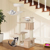 Cat tree with cozy top perch, plush cushions, and natural wood finish, perfect for lounging and scratching.