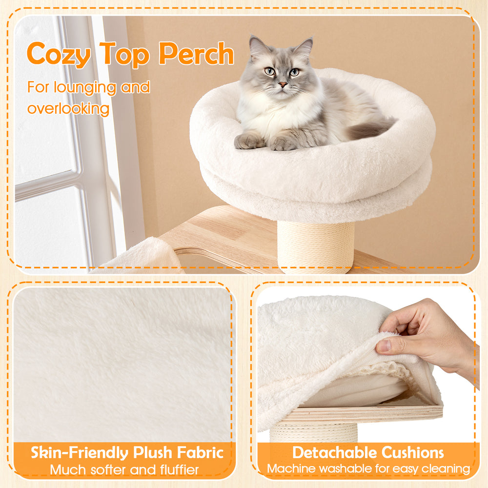 Cozy top perch with plush cushion for lounging, featuring detachable covers for easy cleaning on a tall cat tree.