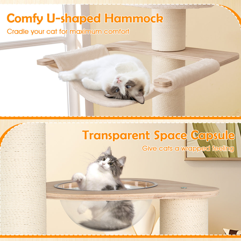 U-shaped hammock and transparent space capsule on a tall cat tree, featuring plush cushions for cozy lounging.