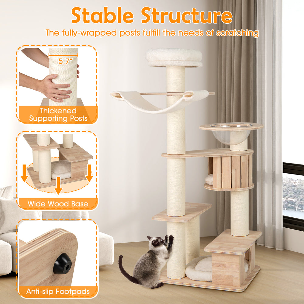 69-inch tall cat tree featuring thickened posts, cozy top perch, and detachable plush cushions for ultimate comfort.