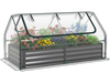 Galvanized raised garden bed with a PVC cover, featuring roll-up windows and mesh screens for easy access and air.