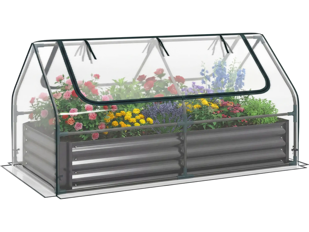 Galvanized raised garden bed with a PVC cover, featuring roll-up windows and mesh screens for easy access and air.