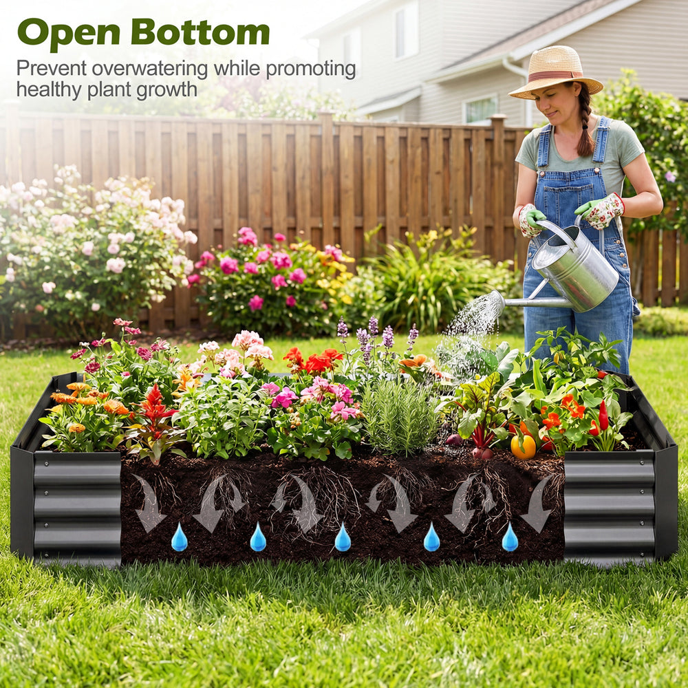 Galvanized raised garden bed with cover, featuring open bottom design for healthy plant growth and easy access for.