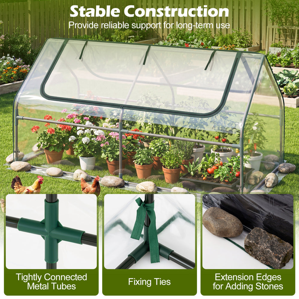 Galvanized raised garden bed with PVC cover, featuring roll-up windows and sturdy metal pipes for outdoor gardening.
