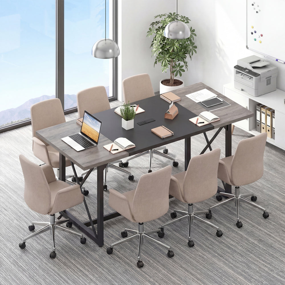 6FT conference table with power outlets, seating 6-8, featuring a wood grain finish and adjustable foot pads for.