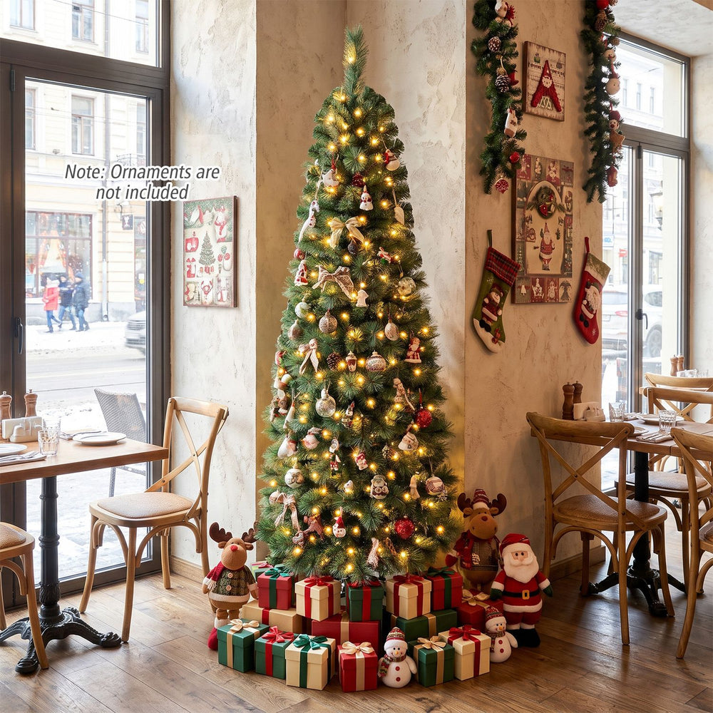 Half-shaped 6/7FT pre-lit artificial Christmas tree with 120 warm white LED lights, perfect for smaller spaces.