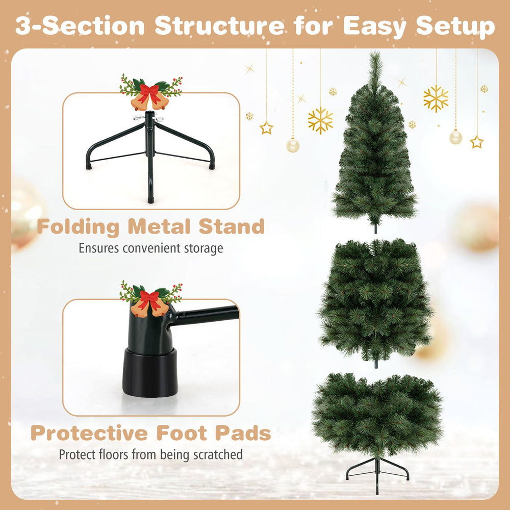 Folding metal stand and protective foot pads ensure stability for the 6/7FT pre-lit half artificial Christmas tree.