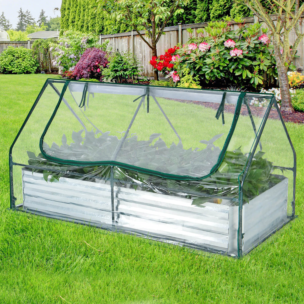 6 x 3 x 3 Feet Galvanized Raised Garden Bed with Greenhouse-Silver - Gallery View 1 of 9