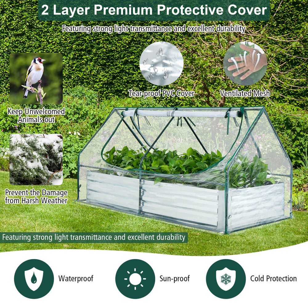 Galvanized raised garden bed with a PVC greenhouse, featuring dual windows for ventilation and weather protection.