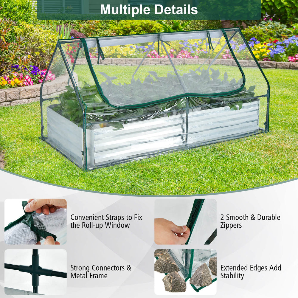 Galvanized raised garden bed with mini greenhouse, featuring roll-up windows and durable metal frame for stability.
