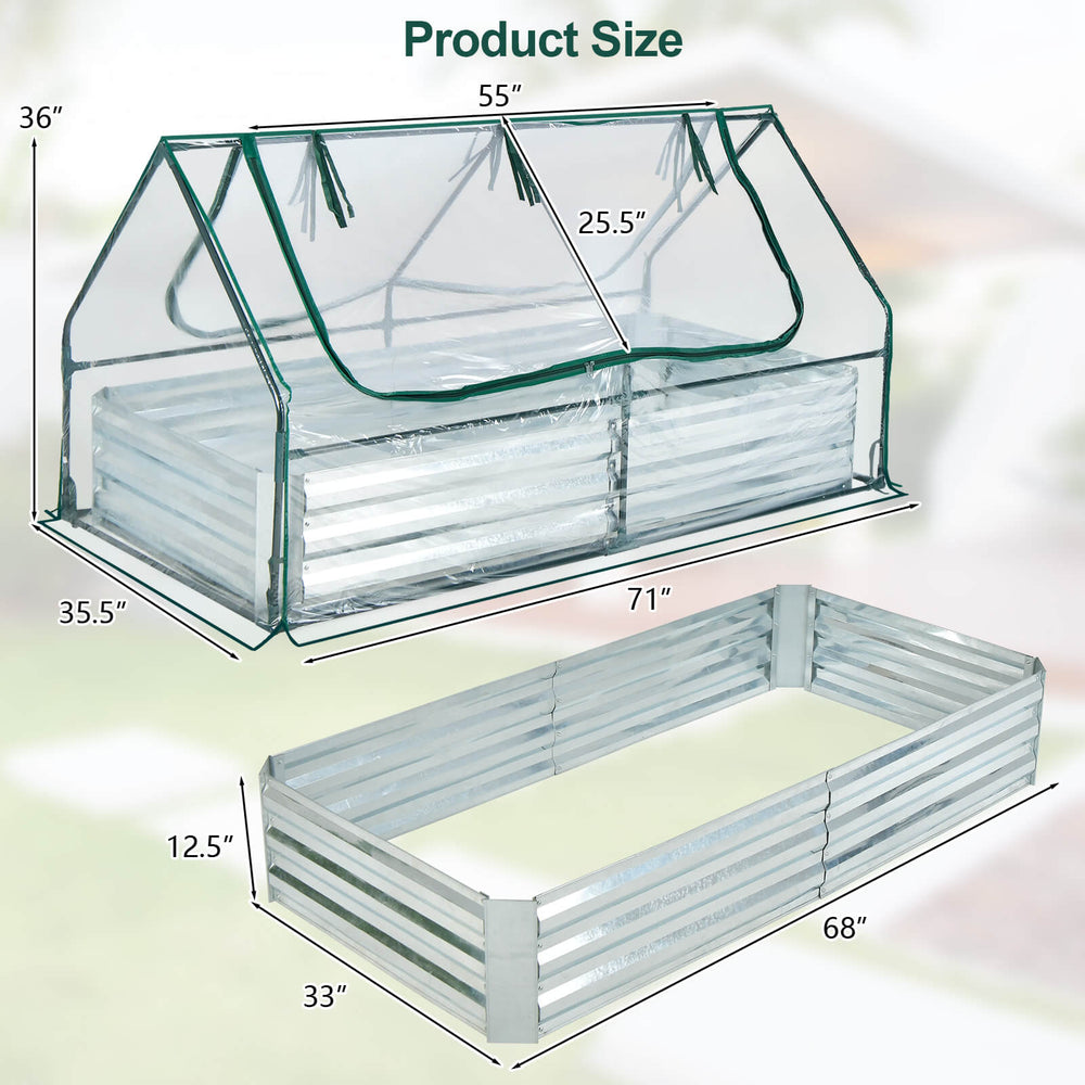 Galvanized raised garden bed with mini greenhouse, measuring 71 x 36 x 12.5 inches, ideal for plant growth and.