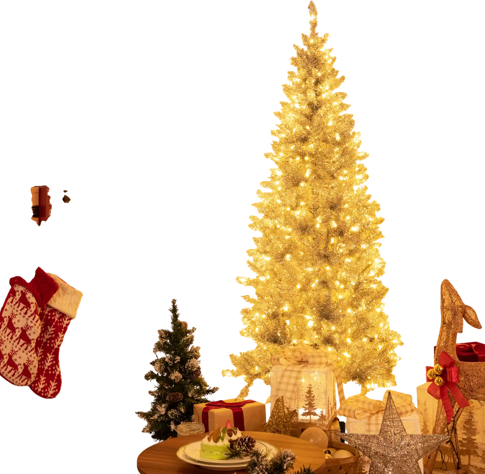 Pre-lit 6 ft silver tinsel Christmas tree with 300 LED lights, perfect for festive decoration in small spaces.