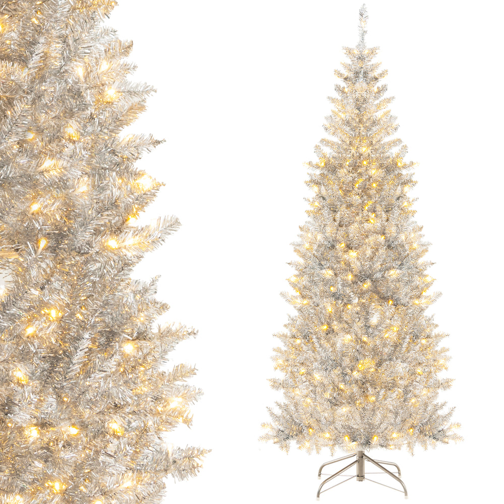 6 ft pre-lit artificial silver tinsel Christmas tree with 300 LED lights, perfect for small spaces and festive decor.