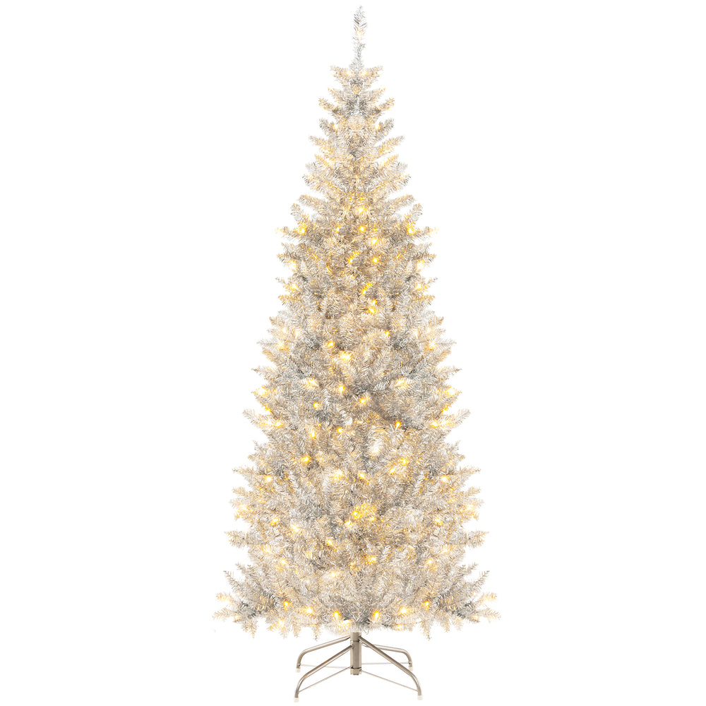 Pre-lit 6 ft silver tinsel Christmas tree with 300 LED lights and 790 branch tips, perfect for festive decoration.
