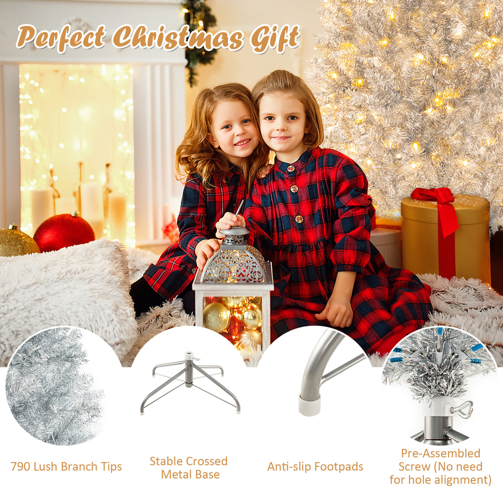 6 ft pre-lit artificial silver tinsel Christmas tree with 790 branch tips and warm LED lights, perfect for festive.