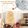 6 ft pre-lit artificial silver tinsel Christmas tree with 790 branch tips and 300 LED lights for festive decoration.