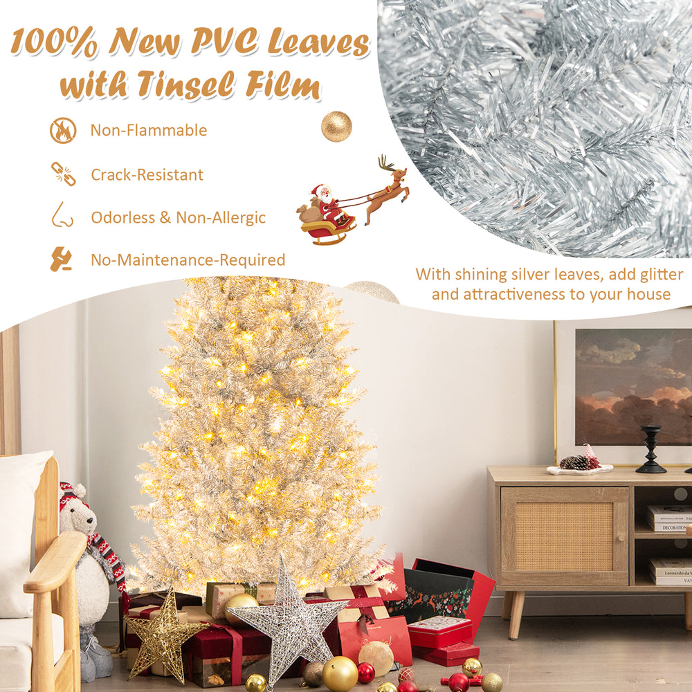 6 ft pre-lit artificial silver tinsel Christmas tree with 790 branch tips and 300 LED lights for festive decoration.