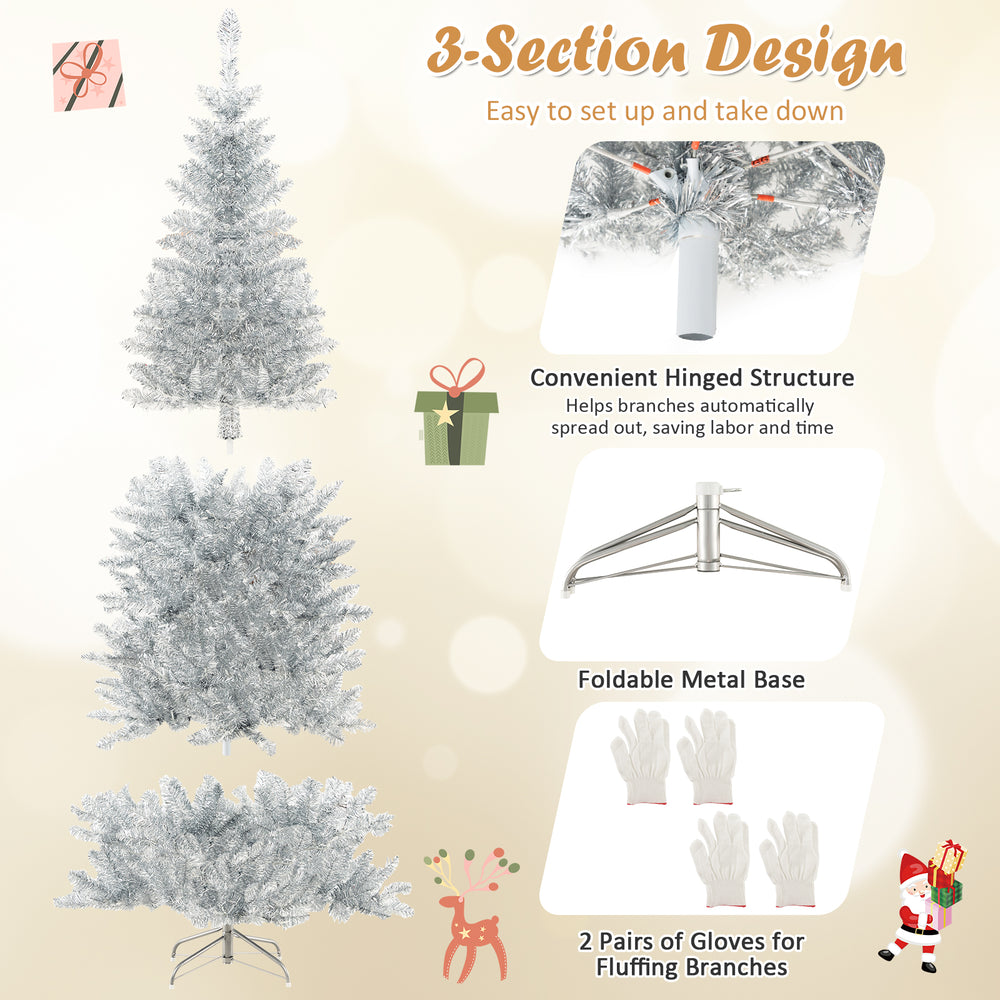 6 ft pre-lit artificial silver tinsel Xmas tree with 790 branch tips and warm LED lights, perfect for festive.