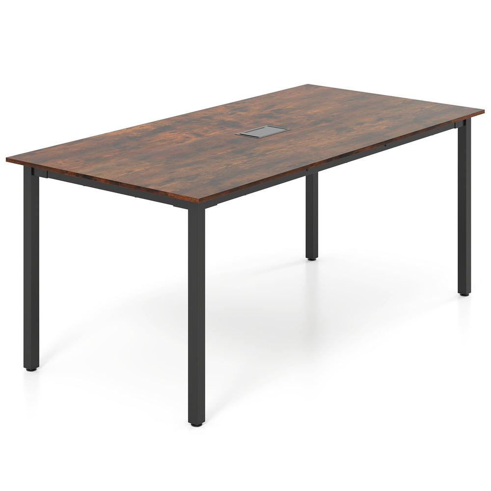 Rectangular 6-foot conference room table in rustic brown, seats 8-10, with built-in cable hole and sturdy metal legs.