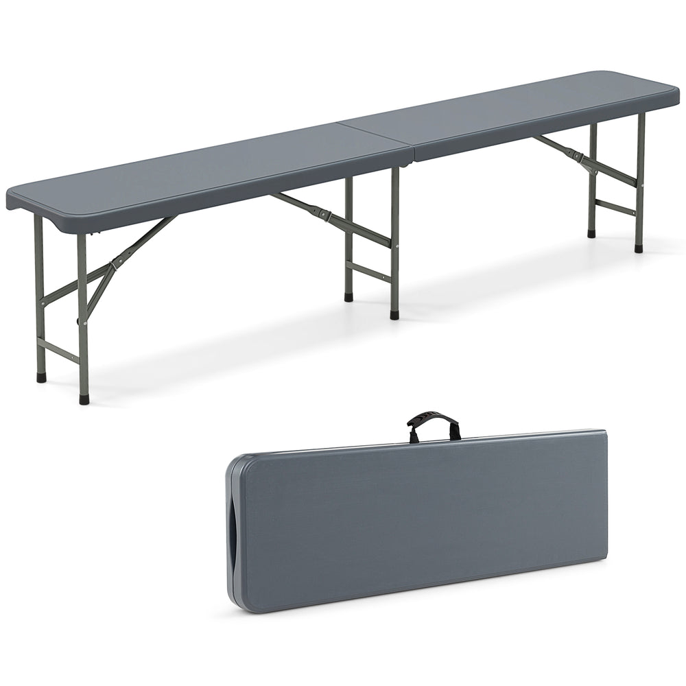 Gray 6-foot plastic folding bench with handle, heavy-duty frame, and compact design for outdoor events and storage.