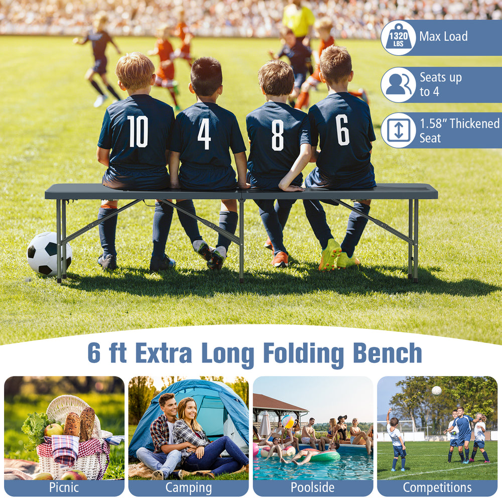 6 ft extra-long gray folding bench with thickened HDPE seat, suitable for outdoor use, picnics, and camping.