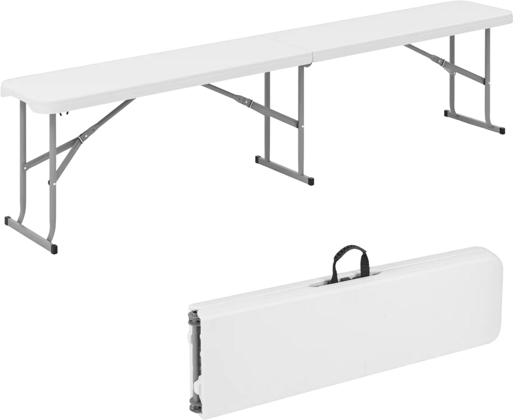 White 6-foot plastic folding bench with carrying handle, suitable for camping and dining, featuring sturdy metal legs.