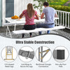 6-foot white plastic folding bench with H-shaped metal legs, ideal for camping or dining, featuring a carrying handle.