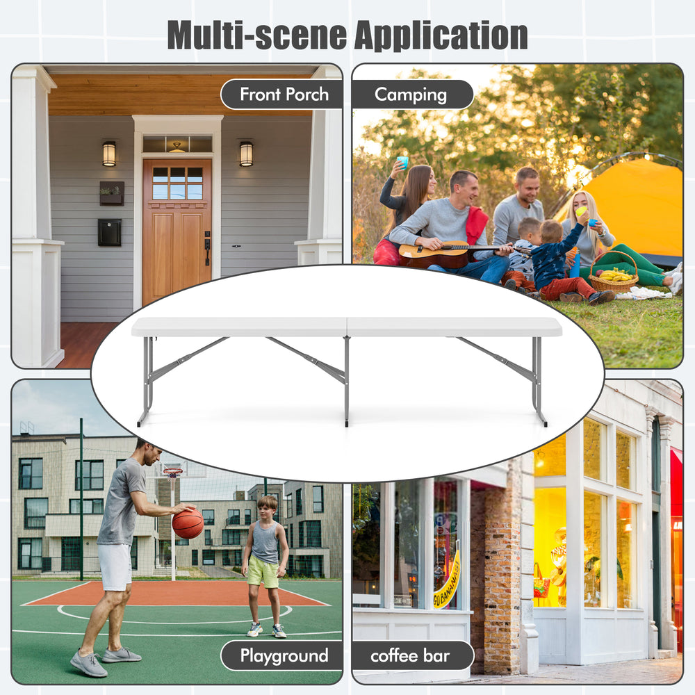 6-foot white plastic folding bench with carrying handle, ideal for camping, dining, or outdoor gatherings.