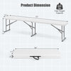 6-foot white plastic folding bench with carrying handle, supports 660 lbs, ideal for camping and dining.