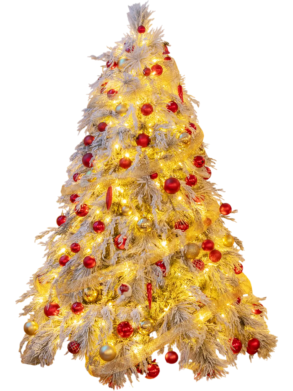 Full view of a 6-foot pre-lit snow flocked Christmas tree with warm white LED lights, creating a magical holiday.