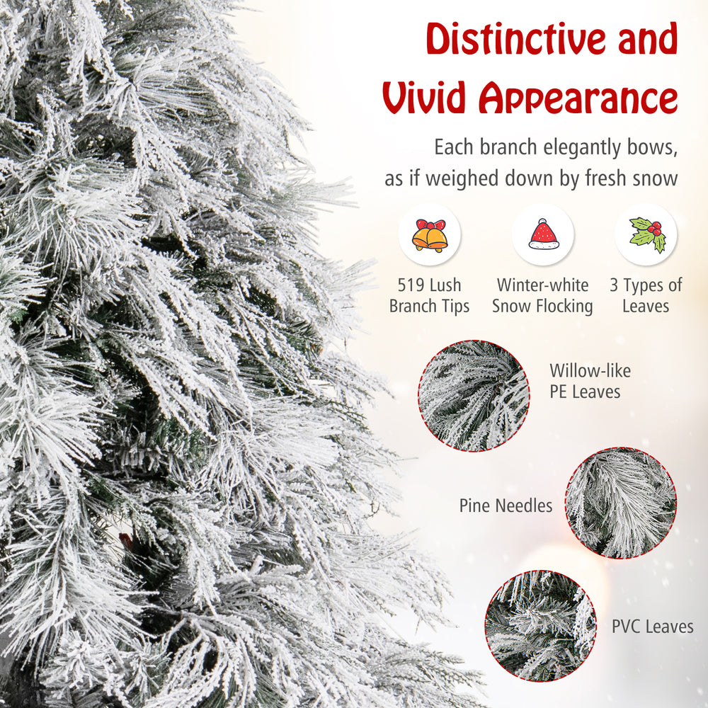 Snow-frosted branches of a 6 ft pre-lit Christmas tree with warm white LED lights, perfect for festive home decoration.