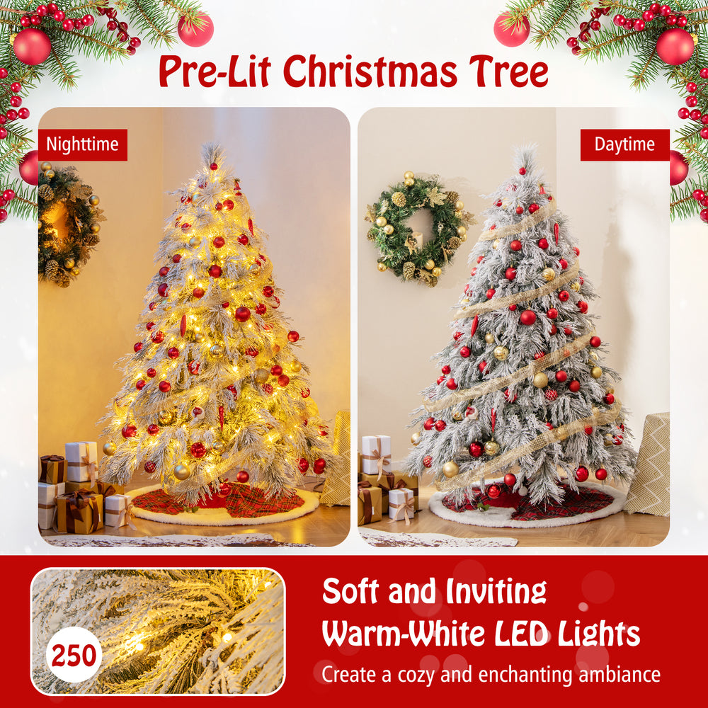 6 feet pre-lit snow flocked Christmas tree with warm white LED lights, showcasing a cozy holiday ambiance for festive.