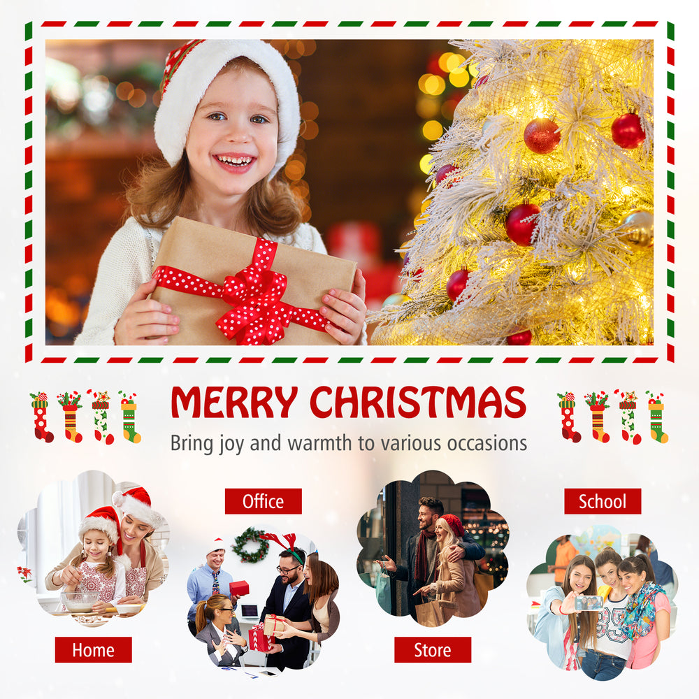 6 feet pre-lit snow flocked Christmas tree with warm white LED lights, perfect for festive home and office decoration.