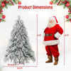 Snow-flocked 6 ft Christmas tree with warm white LED lights, showcasing dimensions alongside Santa for festive decor.