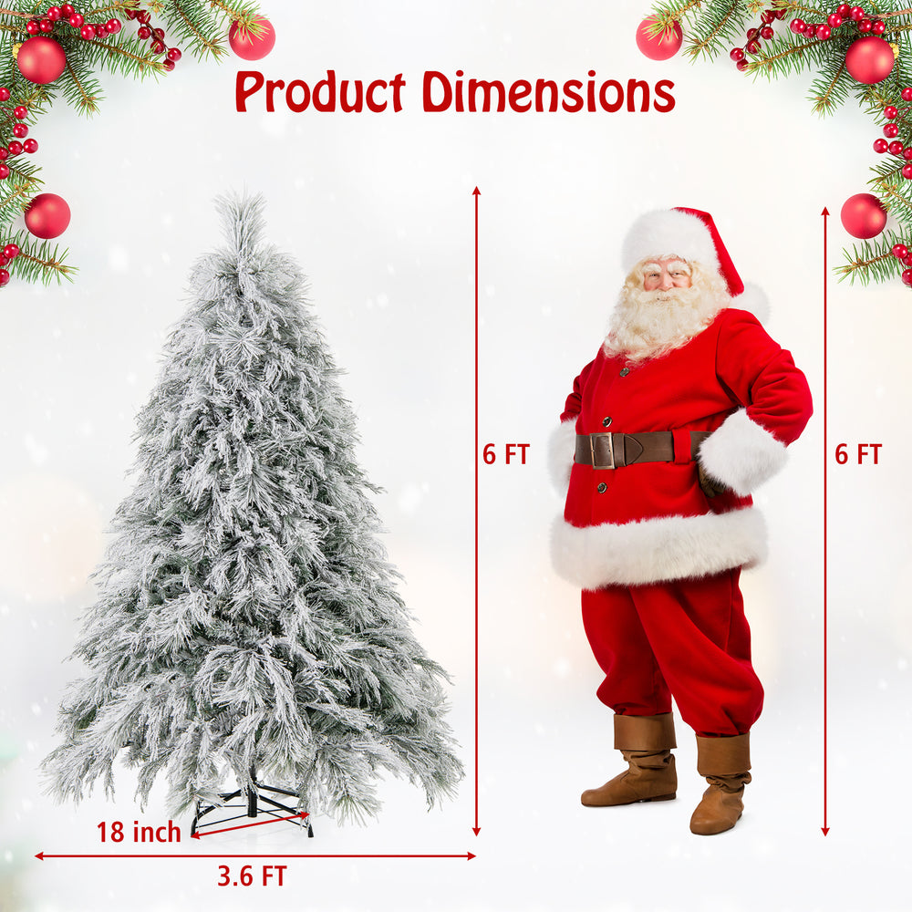 Snow-flocked 6 ft Christmas tree with warm white LED lights, showcasing dimensions alongside Santa for festive decor.