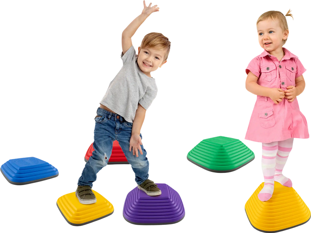 Colorful kids' stepping stones for balance training, supporting up to 177 lbs, ideal for indoor and outdoor play.