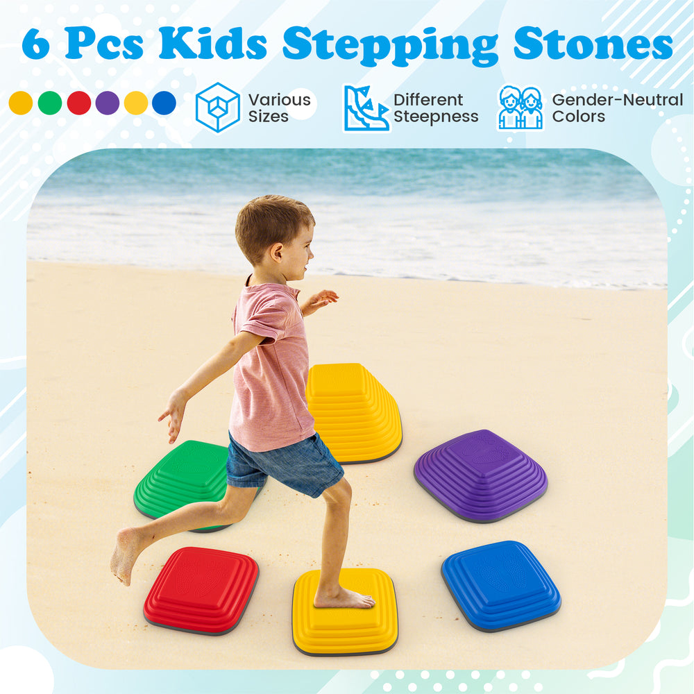 Colorful 6-piece kids stepping stones in various sizes for indoor and outdoor balance play, promoting coordination and.