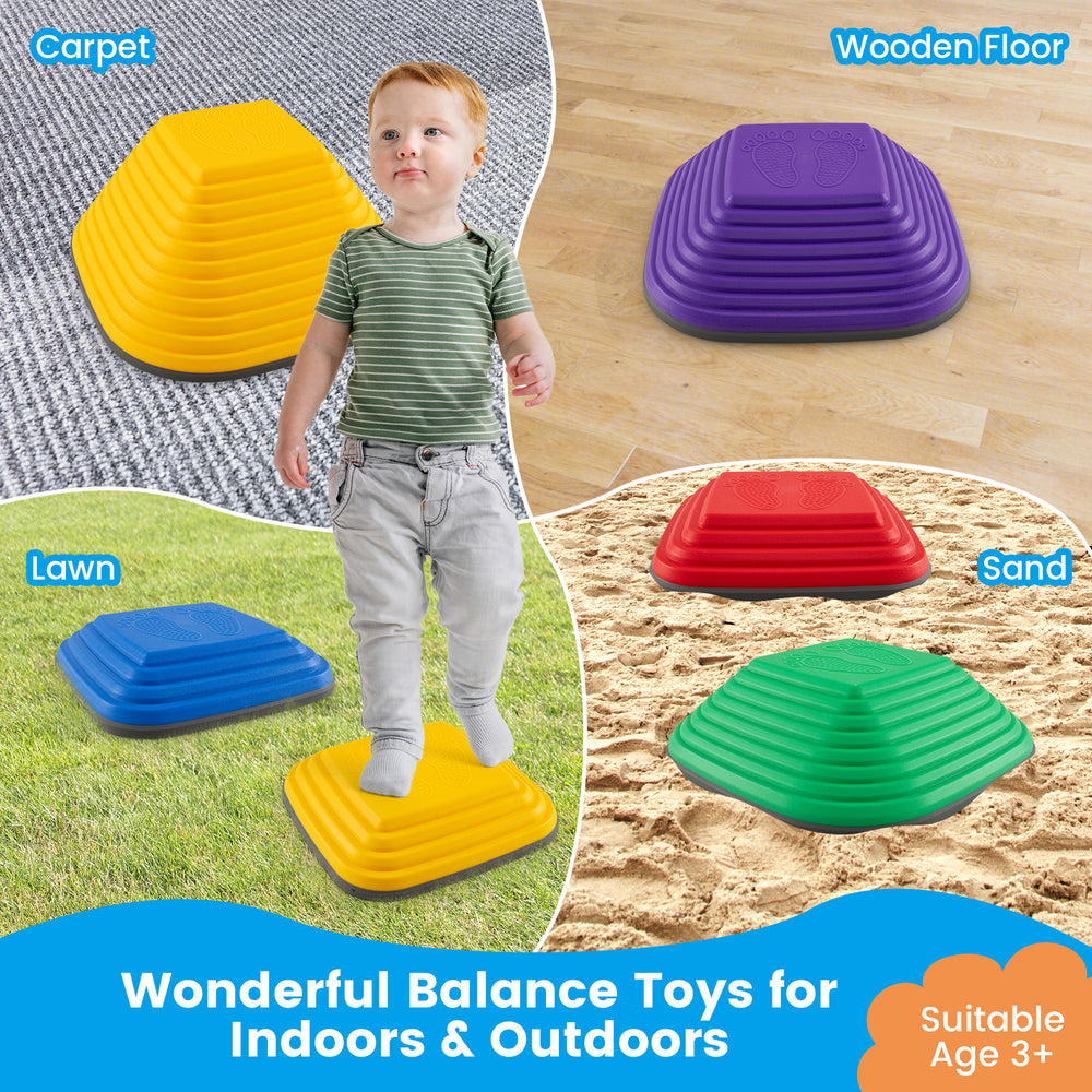 Colorful kids' balance blocks on various surfaces, promoting coordination and stability for indoor and outdoor play.