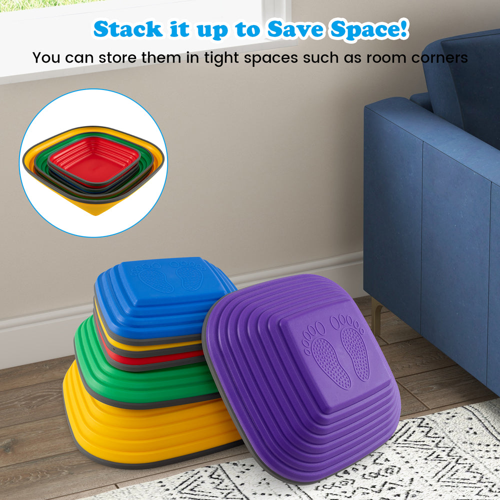 Colorful kids' stepping stone balance blocks stacked for indoor and outdoor play, promoting coordination and stability.