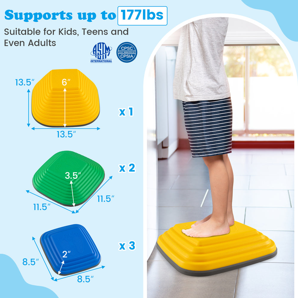 Colorful kids' stepping stone balance blocks in various sizes, supporting up to 177 lbs for indoor and outdoor play.