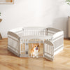 6-panel white plastic dog playpen with locking door, designed for indoor and outdoor use, providing safe space for pets.